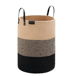 Custom Woven Jute Cotton Rope Eco-Friendly <b>Foldable</b> Fabric Storage <b>Baskets</b> With Leather Handle Customized Color Logo - Product Image 4