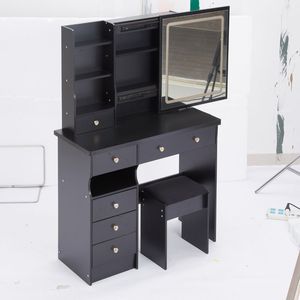 Tavolo da Trucco con Cassetto Sinistro da 37 Pollici, Sgabello Imbottito, Ampio Piano Scorrevole con Controllo Touch a Tre Colori - Product Image 4