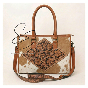 Bolso de cuero hecho a mano, de piel auténtica con pelo, tipo tote, con correa cruzada grabada, cartera de cuero genuino, bolso de oficina. - Product Image 1