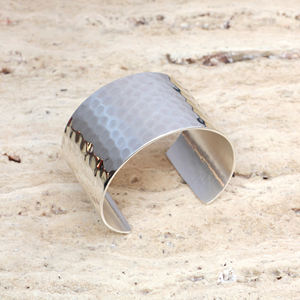 Handmade <b>Hammered</b> Brass Cuff Bracelet Wide <b>Silver</b> Plated Boho Statement <b>Bangle</b> - Chunky Adjustable Metal Wristband Jewelry - Product Image 1