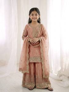 ชุดสัลวาร์ คามีซเด็กปักลายสีชมพู ชุดอินเดีย-ปากีสถานแบบดั้งเดิม สำหรับงานแต่งงานและงานปาร์ตี้ - Product Image 3