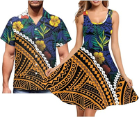 Vêtements assortis vintage polynésiens pour couple unisexe, ensemble chemise et robe hawaïenne