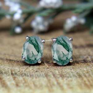 Boucles d'oreilles clous tendance et délicates en argent 925 avec agate verte mousse taille ovale – Cadeau d'anniversaire pour femme - Product Image 6