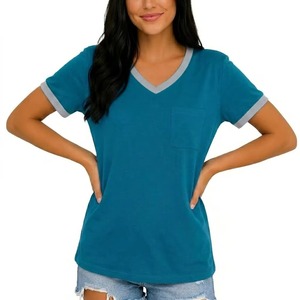 T-shirts personnalisés pour femmes, col en V, manches courtes, coton côtelé respirant, coupe ample, unis, décontractés, pour l'été - Product Image 4