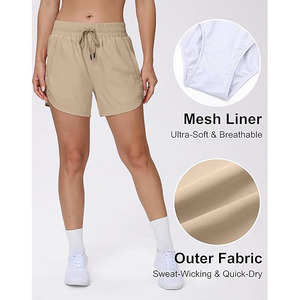 Wholesale Beige <b>Men</b> Running Shorts Polyester Dry Fit Gym Bottoms with Hidden Side Zipper <b>Pouch</b> Custom Logo - Product Image 3