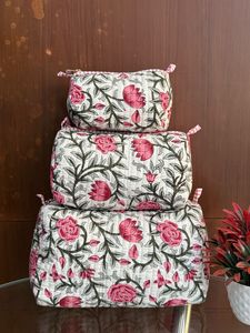 Floral Printed Quilted Cosmetic Bag Set with Zip Closure Elegant Multi-Function Toiletry Pouches - Product Image 3