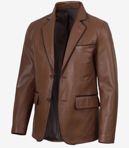 <b>Men's</b> Genuine <b>Leather</b> <b>Blazer</b> Brown Formal Suit Jacket Black Contrast Piping Premium Notch Lapel Two Button Single Breasted Slim - Product Image 3