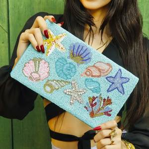 Handmade Coastal Seashell Beaded Clutch <b>Bag</b> Beach Inspired Evening Purse - Product Image 1