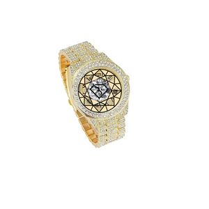 Luxury <b>Solid</b> <b>Gold</b> Plated Lab Diamond <b>Watch</b> Round Analog Quartz Movement Rhinestone Dial Unisex Butterfly Clasp Case <b>Watch</b> - Product Image 1