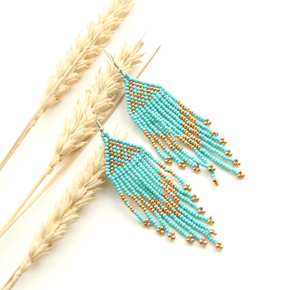 UO Multicolor Turquoise Geometric Beaded <b>Drop</b> Earrings Women's Bohemia Style Linen Thread White Gold Pattern Fashion Jewelry - Product Image 1