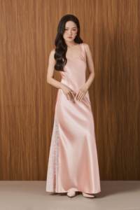 Wholesale Women Dress KD74 Elegant / Evening / Feminine Sleeveless PEARL DREAM Maxi Scoop neck Wide-Strap Silk Slip Dress - Product Image 4