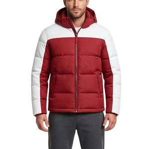 100% Polyester Heavyweight Puffer Jacket Men Sporty Red Black Chevron Block Hooded Casual <b>Heated</b> Puffer Jackets - Product Image 5