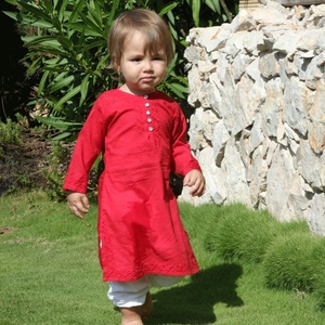 Indian Style Red Long Summer <b>Kaftan</b> Crafted By 100% Soft Cotton Featuring With Beautiful Embroidery Long Sleeves & Front Buttons - Product Image 1