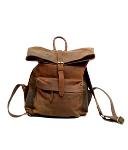 Simple Vintage Wax Canvas <b>Backpack</b> With Leather Trim Travel Rucksack Flap Closure Casual Laptop <b>Backpack</b> For Daily Use - Product Image 3