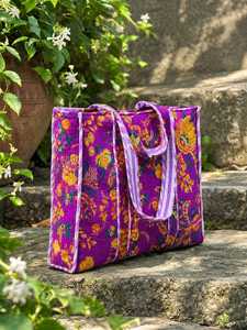 VEER HANDIRCRAFTS Purple Floral Embroidered Velvet <b>Tote</b> <b>Bag</b> <b>Vintage</b> Style Open Top Travel <b>Bag</b> with Chains All Seasons Use - Product Image 3