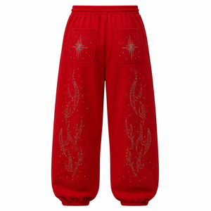 Pantalones Deportivos Rojos 100% Algodón con Diseño de Estrella de Fuego con Pedrería, Cintura Elástica con Cordón Ajustable, Anti-Pilling, para Hombre, Estilo Urbano - Product Image 2