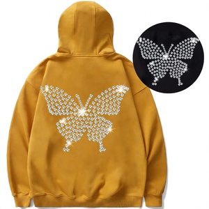 <b>Yellow</b> Pullover <b>Hoodie</b> With Rhinestone Butterfly Design Long Sleeve Casual Y2K Streetwear Sweatshirt - Product Image 1