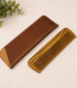 Peigne à barbe artisanal en bois naturel, écologique et durable, avec étui en cuir, peigne à cheveux de poche à dents fines, fait main, professionnel - Product Image 5