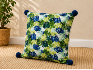 Luxury 100% Linen Tropical Leaf Printed Cushion <b>Cover</b> Decorative Square <b>Throw</b> Pillow <b>Cover</b> with Pom Pom Corners - Product Image 2