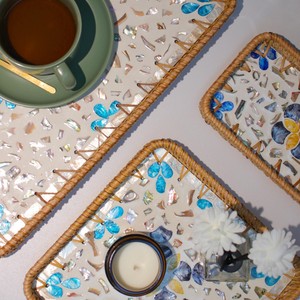 Bandeja de servir de lujo de ratán fabricada en Vietnam con incrustaciones de nácar, diseño floral de mosaico colorido, decoración para el hogar, venta al por mayor - Product Image 3