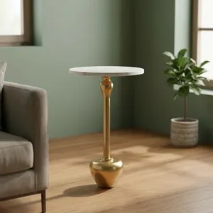 Modern <b>Round</b> White Marble Top Side <b>Table</b> with Brushed <b>Gold</b> Metal Pedestal Base Contemporary Accent Furniture - Product Image 1
