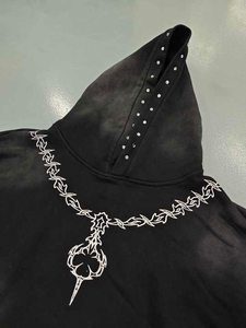 Embroidery Sun Faded Acid Wash Sweatshirt French Terry Oversize Cotton Sweatshirt Cropped <b>Hoodie</b> <b>Black</b> Rhinestone <b>Hoodie</b> - Product Image 4