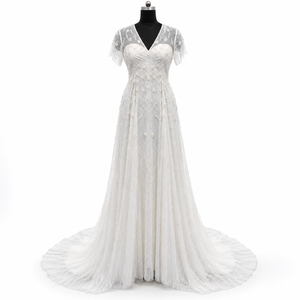 Timeless <b>White</b> <b>Evening</b> <b>Gown</b> V Neck Sweetheart Bodice Sheer Cap Sleeves Floral Embroidery | A-Line Floor Length Chapel Train <b>Gown</b> - Product Image 1