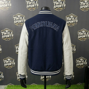 Veste universitaire Pennsylvania pour homme, bleu marine, manches en cuir, lettres brodées, style bomber, style preppy, vêtement d'automne - Product Image 3
