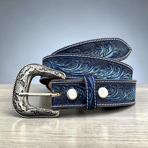 Cinturón Unisex de Cuero Vacuno Azul Marino con Diseño Floral Cuadrado y Hebilla Plateada, Estilo Casual Vintage - Product Image 5