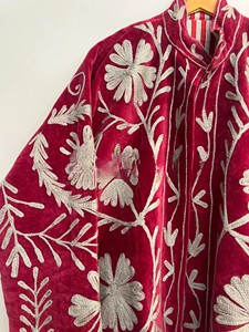 Vintage Maroon Velvet Jacket with Silver Floral Embroidery Handcrafted Kashmiri Style <b>Winter</b> Pheran high-quality velvet Jacket - Product Image 4