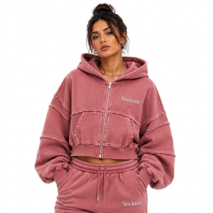 VOCKSIN Women's Oversized Cropped <b>Zipper</b> Hoodie Jogger Set Breathable Heavyweight French Terry Cotton Vintage Acid Wash Winter - Product Image 1