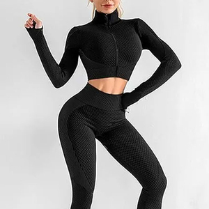 Black 3 Piece Yoga Set Turtleneck Crop <b>Top</b> Crisscross Bra High Waist Leggings Breathable <b>Mesh</b> Seamless Full Length - Product Image 4