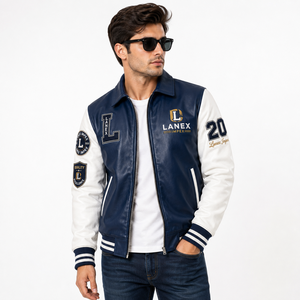 Custom Navy Blue <b>White</b> Leather Varsity <b>Jacket</b> for <b>Men</b> Classic Letterman Bomber <b>Jacket</b> with Chenille Patches OEM ODM Factory - Product Image 2