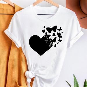 T-shirt en coton pur tricoté à manches courtes pour femme, motif papillon en forme de cœur, haut de gamme, ample et décontracté, idéal pour l'été - Product Image 1