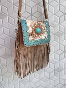 Bolso con flecos de cuero de piel de vaca, bolso con flecos de piedra de Color turquesa, bolso hecho a mano de estilo occidental bohemio gitano, bolsos multiusos - Product Image 2