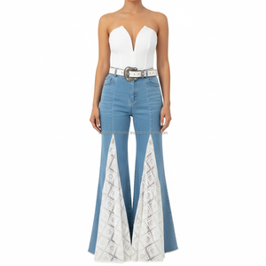 Elegant Breathable Y2K Casual White Lace Patchwork Denim Flare Pants Women High Stretch Retro <b>Bell</b> Bottom Wholesale OEM/ODM - Product Image 1