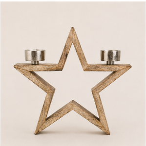 Handmade Natural Mango Wood Star Candle Holder Rustic 2-Light <b>Tea</b> Light <b>Stand</b> For Christmas Table Centerpiece And Festive Home - Product Image 1