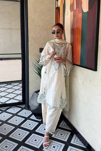 <b>White</b> Embroidered Lace Salwar Kameez <b>2</b>-<b>Piece</b> Long <b>Set</b> for Women Casual Wear Wedding Party - Product Image 4