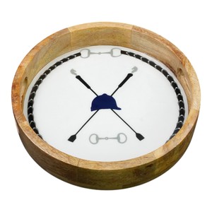 Bandeja de Servicio Ecuestre con Diseño de Bocado de Caballo y Casco de Equitación, Marco de Madera, Plato Decorativo Redondo para Servir Aperitivos y Bebidas - Product Image 1