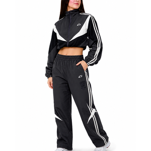 New Trendy Black White Women's Cropped Windbreaker Tracksuit Set Contrast Panel Tracksuit <b>Jacket</b> and Straight Leg Pants Hoodies - Product Image 1