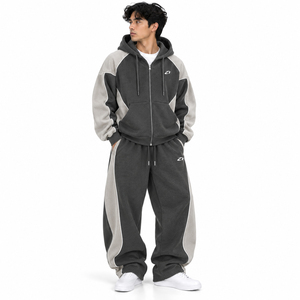 Ensemble de survêtement personnalisé pour homme, gris anthracite, avec sweat à capuche zippé et pantalon de survêtement large, empiècements et passepoil blancs contrastants, streetwear d'hiver - Product Image 2