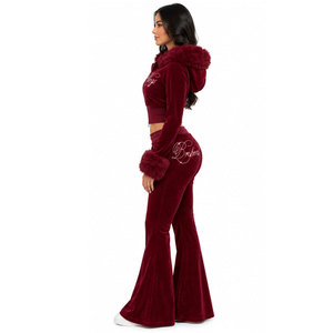 Women's Burgundy Velvet Hooded Tracksuit Set Full Sleeve Zipper Front <b>Glitter</b> Print <b>Flared</b> Pants Sexy Winter Wear - Product Image 3