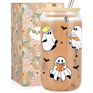 Tazza Lettore Fantasma di Halloween, Regalo della Fata per Amanti dei Libri, Bicchiere Termico in Acciaio Inossidabile da 16 oz con Coperchio e Cannuccia, Design Carino e Spettrale per Bevande Fredde - Product Image 1