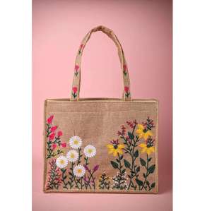 Best Selling Jute Carry Bags with Beautiful Handles and Embroidery Work Floral Design for Women Daily Use Available for Sale - Product Image 1