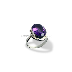 Bague classique unisexe en argent sterling 925 avec monture en pierre précieuse améthyste coupe ovale bijoux de mariage/fête/anniversaire - Product Image 1