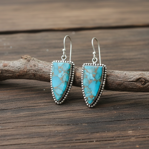 Boucles d'oreilles pendantes en turquoise bleue et cuivre, argent sterling 925, plaqué or rose et or jaune, faites à la main, style bohème, bijoux triangulaires, cadeau pour femme - Product Image 1