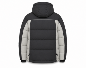 Wholesale Hooded Puffer <b>Jacket</b> Contrast Panel Construction Warm Polyester Filling Custom Patch Multiple Zipper Pockets - Product Image 3