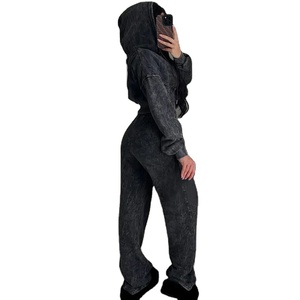 Women's Luxury Hooded Acid Wash Fleece Zip Hoodie Jogger Set Cropped Fit High Waist Streetwear Style 100% Cotton Winter - Product Image 2