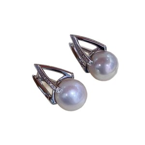 Pendientes Colgantes de Plata de Ley 925 con Textura de Oro K, Comparables a las Perlas Blancas Australianas, Redondas, Impecables, de 12-11 mm - Product Image 4