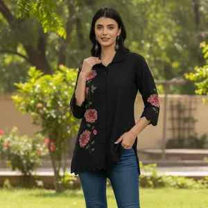 <b>Womens</b> <b>Black</b> Floral Embroidered <b>Shirt</b> Blouse Button Front Three Quarter Sleeve Scalloped Hem Relaxed Fit Casual Fashion Top - Product Image 2